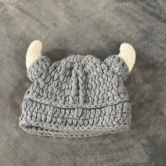 Other - Cozy Gray and Cream Cable-Knit Hat with Horns for Baby
